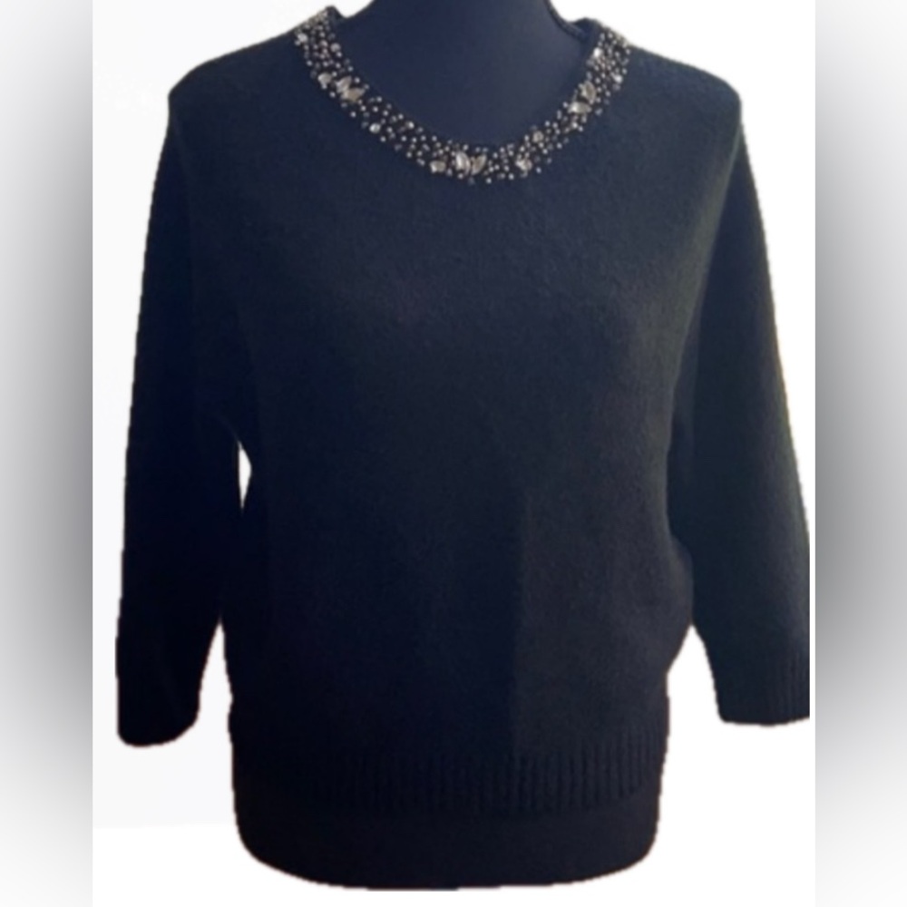 Bebe | Black Sweater with Embellished Jeweled Beaded Collar Neckline Size Medium